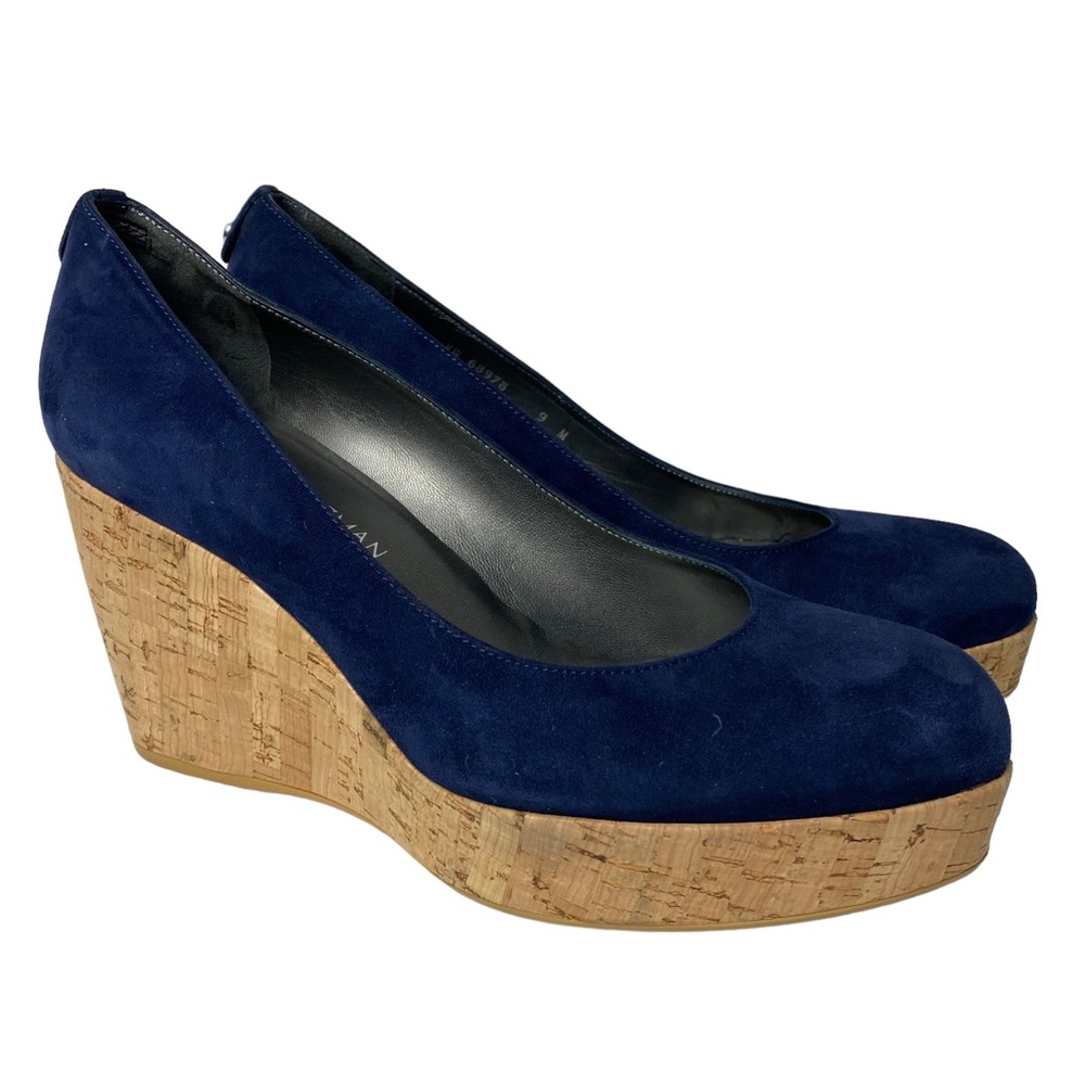 Stuart Weitzman Navy Suede Cork Wedge Pumps